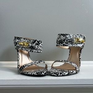 Women's Qupid Black and White Open Toe Slip On Stiletto High Heel Shoes